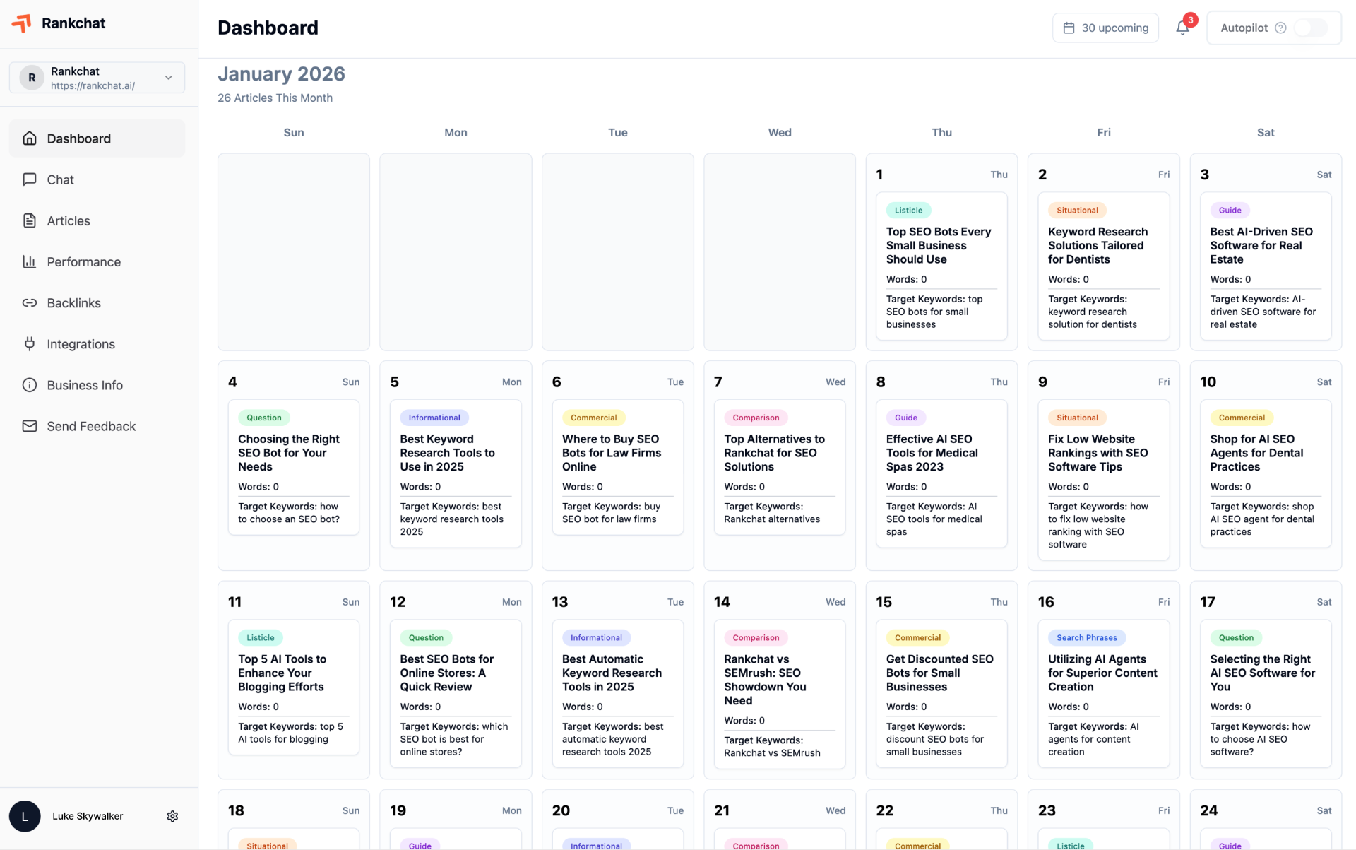 Rankchat Dashboard Preview showing calendar of AI-generated blog posts